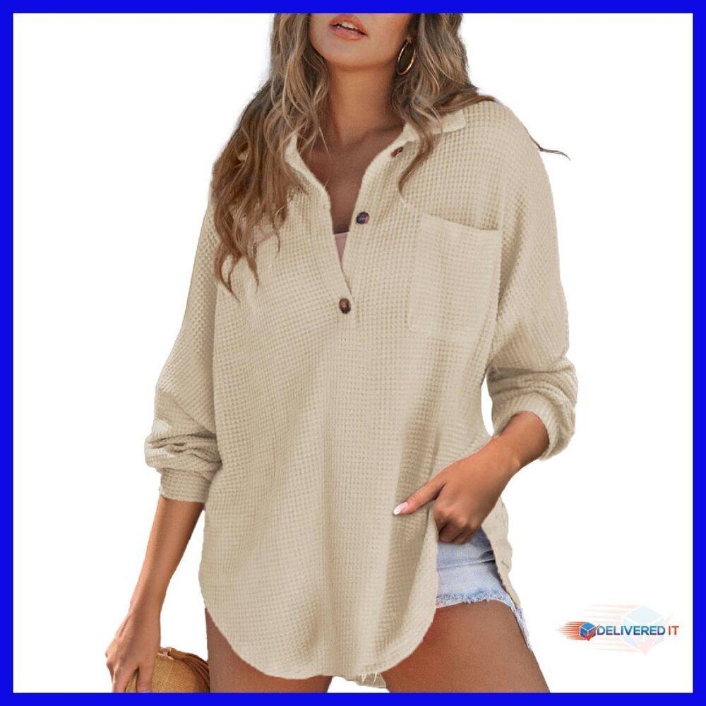 Oversized Waffle Knit Henley Tunic Long Sleeve V Neck Top
